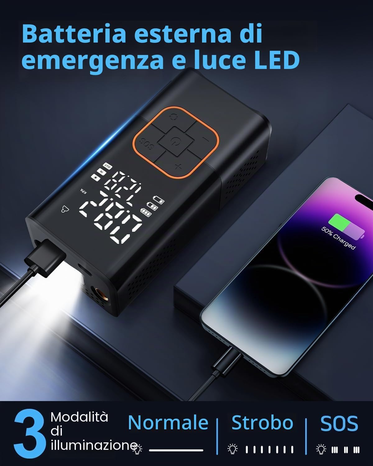 Compressore Aria Portatile 150 PSI, Mini Compressore Elettrico | Pompa Portatile con Schermo Digitale e Torcia LED, Manometro, Ricaricabile, per Auto, Moto, Bicicletta, Palla 2