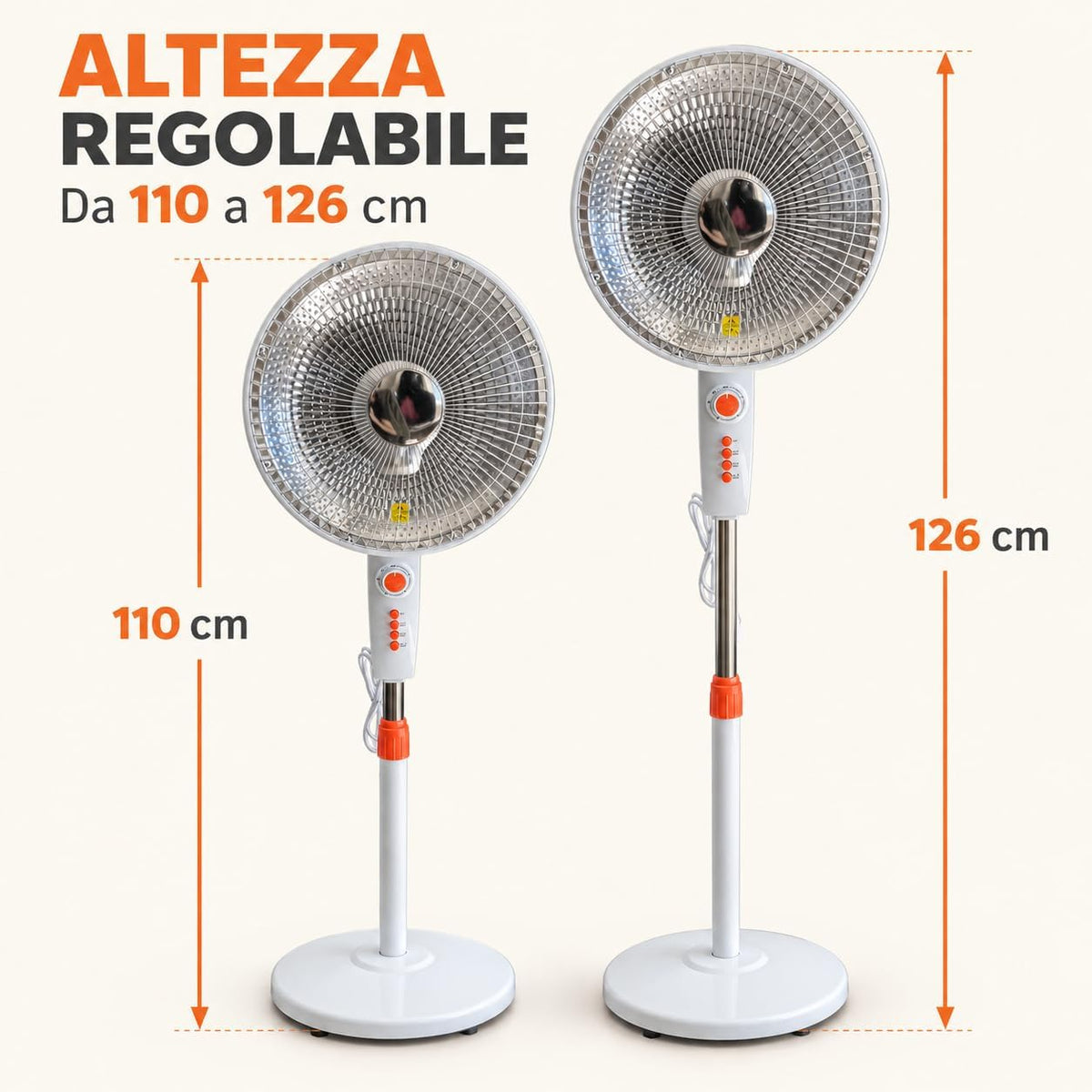 Stufa al Carbonio a Piantana 900w a Basso Consumo, Riscaldamento a Incandescenza, 2 Intensità di Calore, Oscillazione Orizzontale, Altezza Regolabile 100–126 cm, Timer 1 Ora 1