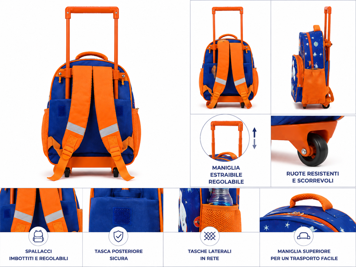 Zaino Trolley Bambini Spaceborg con Ruote – Zaino Scuola con Manico Estraibile Regolabile, Spallacci Imbottiti, Tasche Laterali in Rete e Ampio Scomparto – Blu e Arancione 4