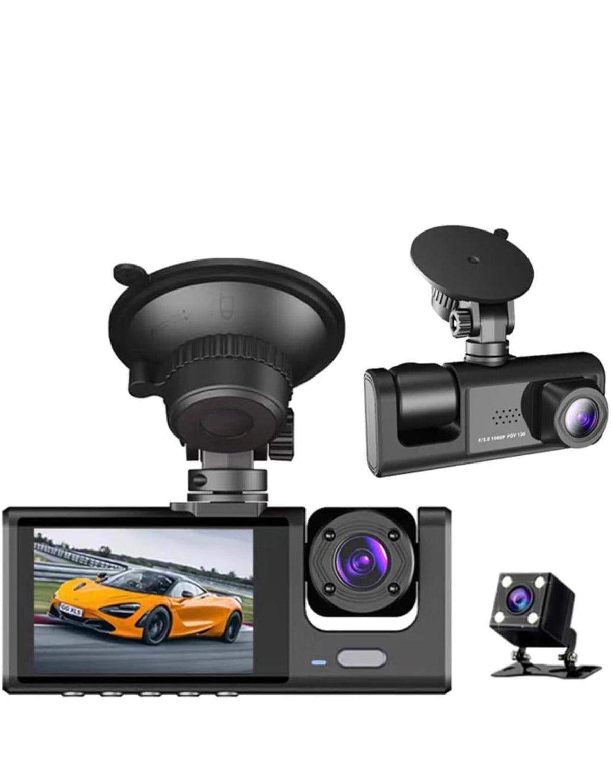 Dash Cam per Auto con 3 Telecamere, Monitor LCD, Visione Notturna, Supporto per Parabrezza, Nero 1