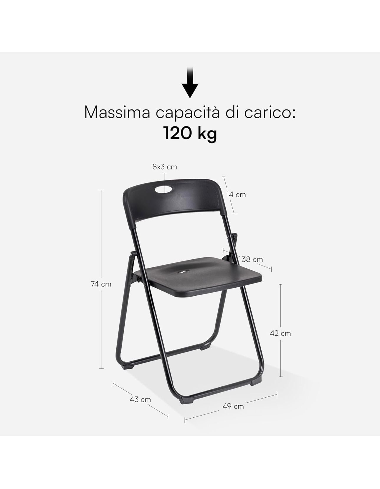 Sedia Pieghevole con Struttura 
in Acciaio e PVC, 
Seduta Salvaspazio Richiudibile con Piedini e Maniglia, 
da Viaggio, Cucina, Soggiorno, Camera da Letto, 
Misura = 74x43x49 cm