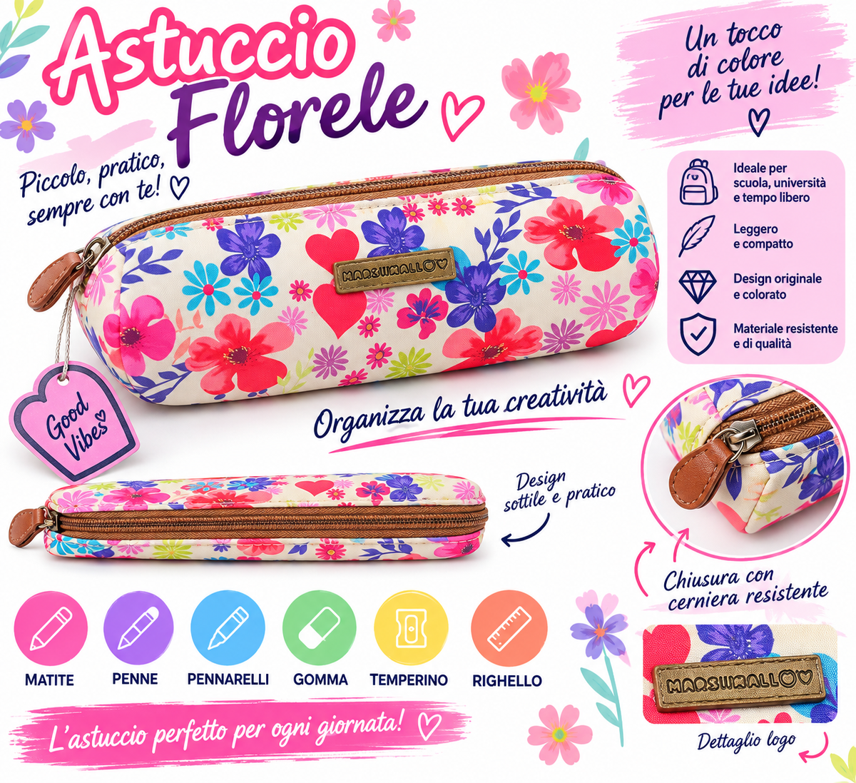 Astuccio Portapenne Floreale con Cerniera – Compatto e Colorato, Ideale per Scuola e Ufficio