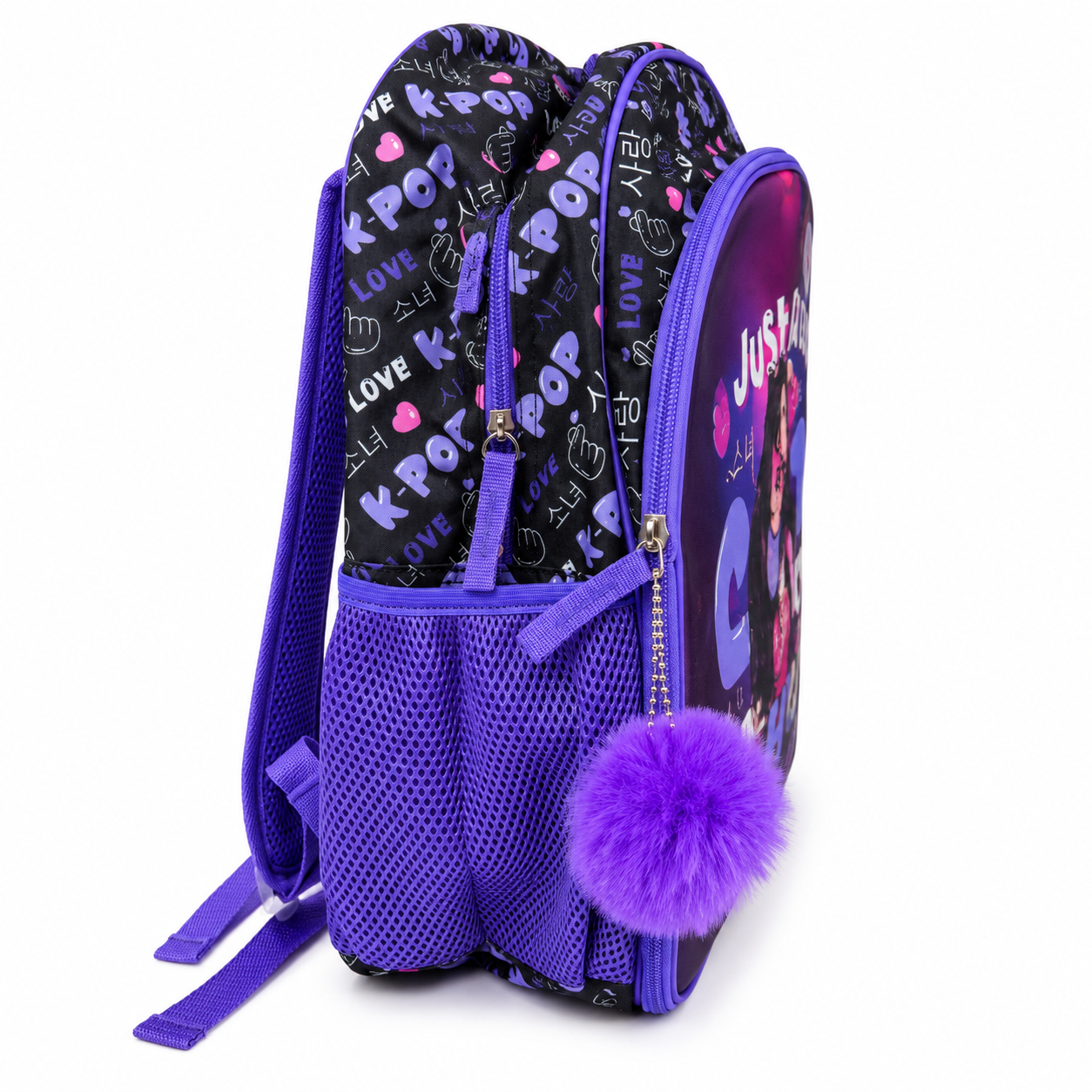 Zaino Scuola Bambina K-Pop Viola – Zainetto per Asilo, Elementari e Tempo Libero con Pompon, Tasche Laterali e Spallacci Imbottiti 2