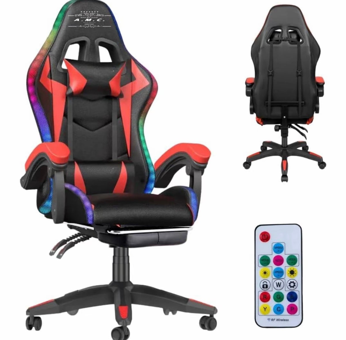 Sedia Gaming RGB LED con Telecomando, Poltrona da Gaming Ergonomica per PC e Console, Altezza Regolabile, Cuscini Lombare e Cervicale, Braccioli, Base Girevole 360°, USB 2