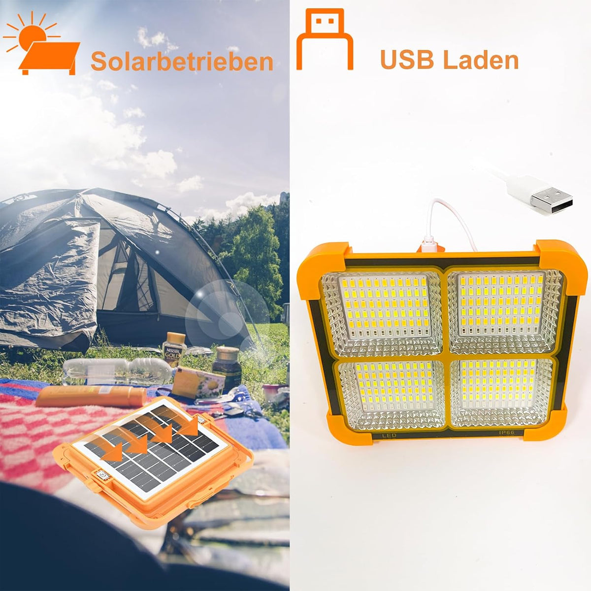 Faro LED Ricaricabile, Luce da Lavoro Portatile ad Energia Solare con Batteria 5 modalità di illuminazione - Ideale per campeggio, pesca, emergenza, garage, officina