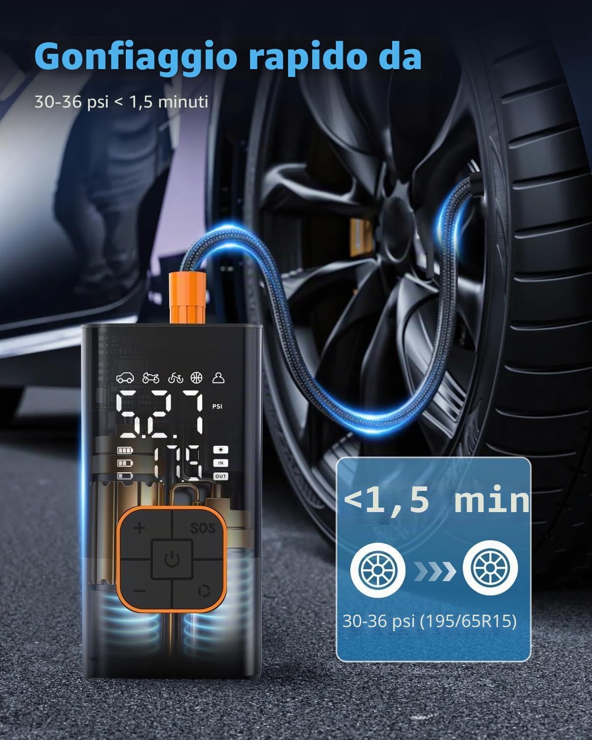 Compressore Aria Portatile 150 PSI, Mini Compressore Elettrico | Pompa Portatile con Schermo Digitale e Torcia LED, Manometro, Ricaricabile, per Auto, Moto, Bicicletta, Palla 5