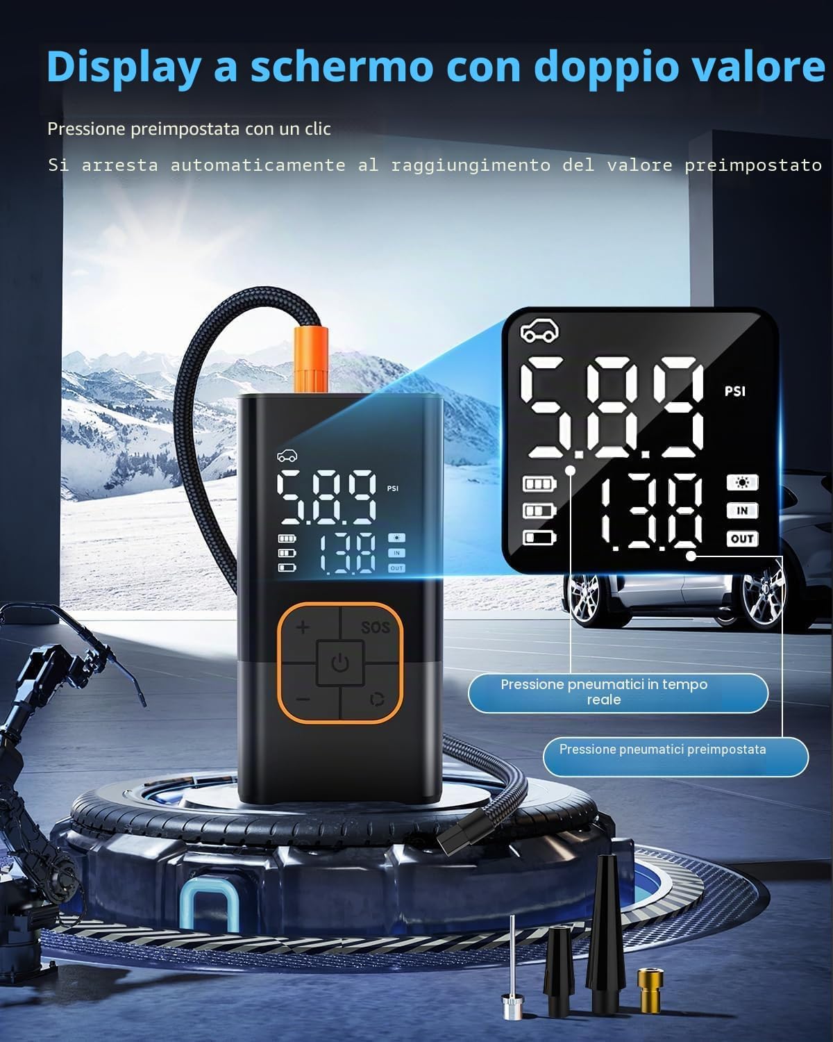 Compressore Aria Portatile 150 PSI, Mini Compressore Elettrico | Pompa Portatile con Schermo Digitale e Torcia LED, Manometro, Ricaricabile, per Auto, Moto, Bicicletta, Palla 7