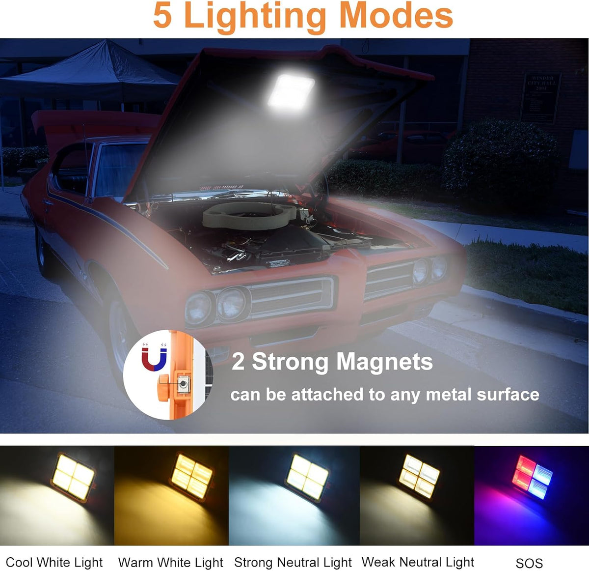 Faro LED Ricaricabile, Luce da Lavoro Portatile ad Energia Solare con Batteria 5 modalità di illuminazione - Ideale per campeggio, pesca, emergenza, garage, officina 3