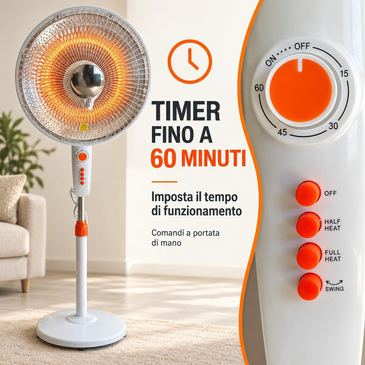 Stufa al Carbonio a Piantana 900w a Basso Consumo, Riscaldamento a Incandescenza, 2 Intensità di Calore, Oscillazione Orizzontale, Altezza Regolabile 100–126 cm, Timer 1 Ora 4