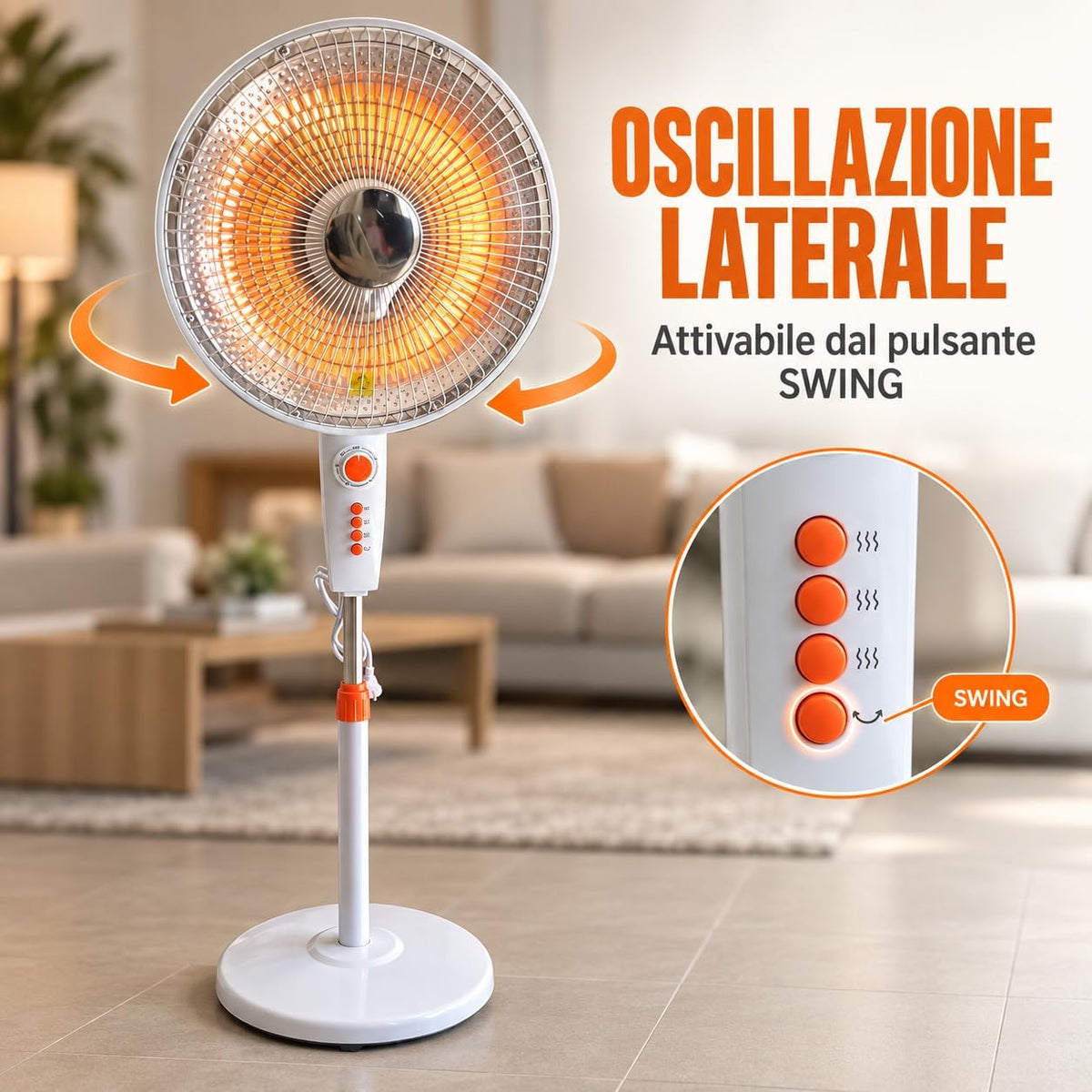 Stufa al Carbonio a Piantana 900w a Basso Consumo, Riscaldamento a Incandescenza, 2 Intensità di Calore, Oscillazione Orizzontale, Altezza Regolabile 100–126 cm, Timer 1 Ora 5