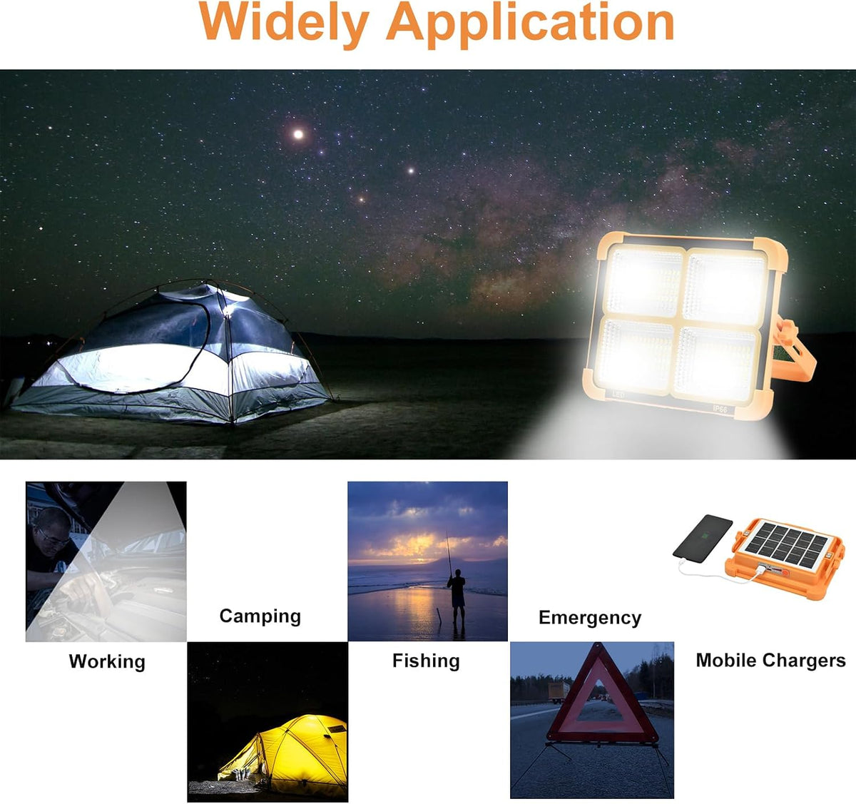 Faro LED Ricaricabile, Luce da Lavoro Portatile ad Energia Solare con Batteria 5 modalità di illuminazione - Ideale per campeggio, pesca, emergenza, garage, officina 4