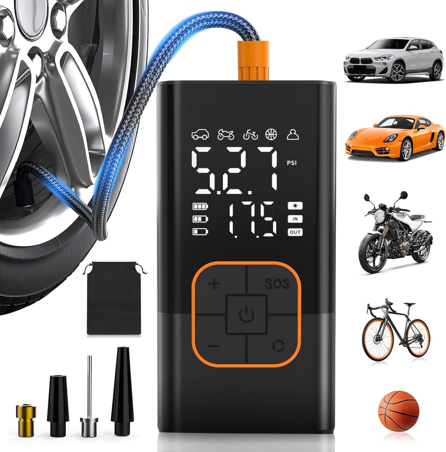 Compressore Aria Portatile 150 PSI, Mini Compressore Elettrico | Pompa Portatile con Schermo Digitale e Torcia LED, Manometro, Ricaricabile, per Auto, Moto, Bicicletta, Palla 6