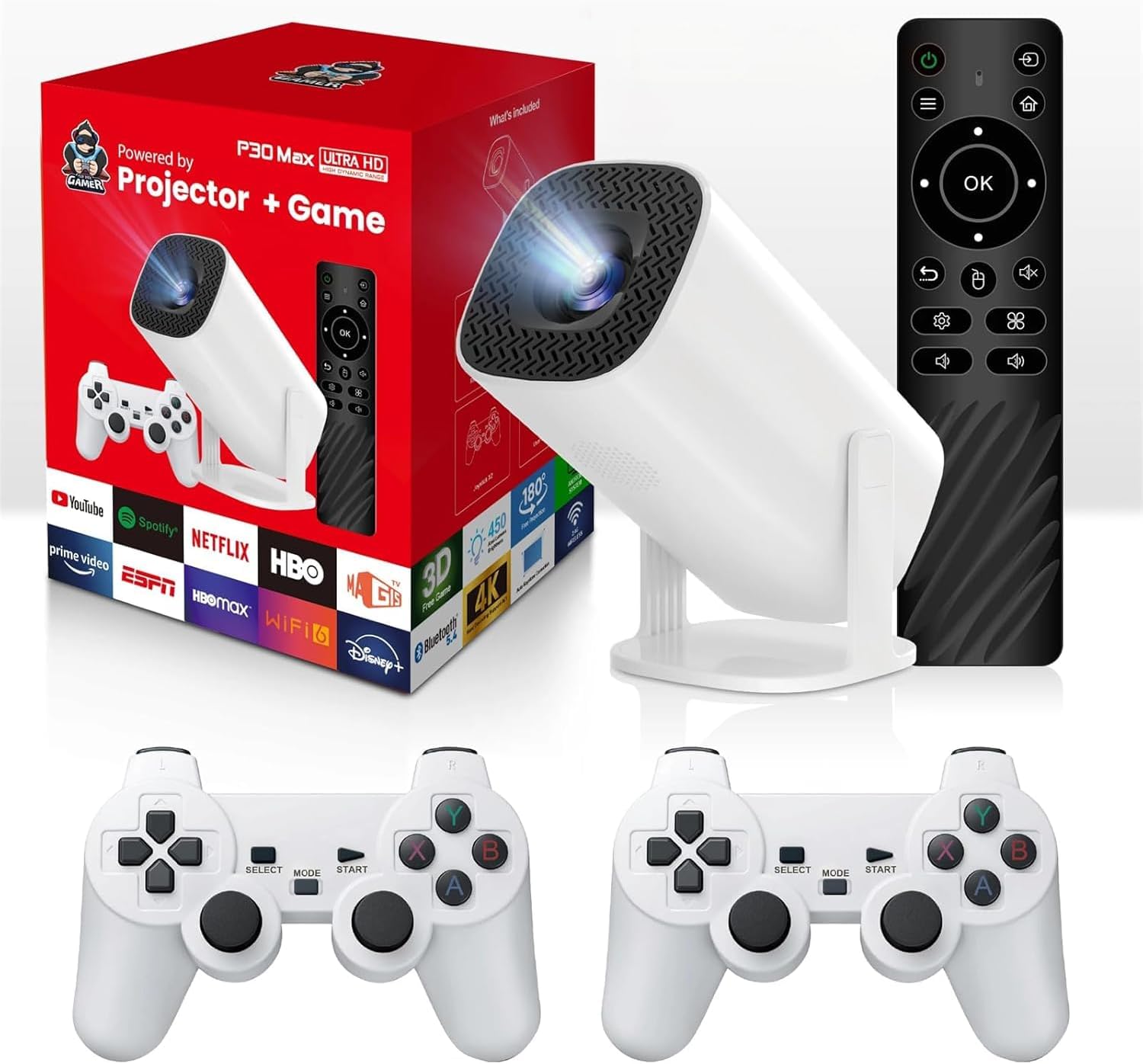 Proiettore P30 MAX con 2 gamepad Android 11 Wifi6 BT Home Theater Office Outdoor Smart Portable 4K HD Proiettore (35000+Giochi) 7