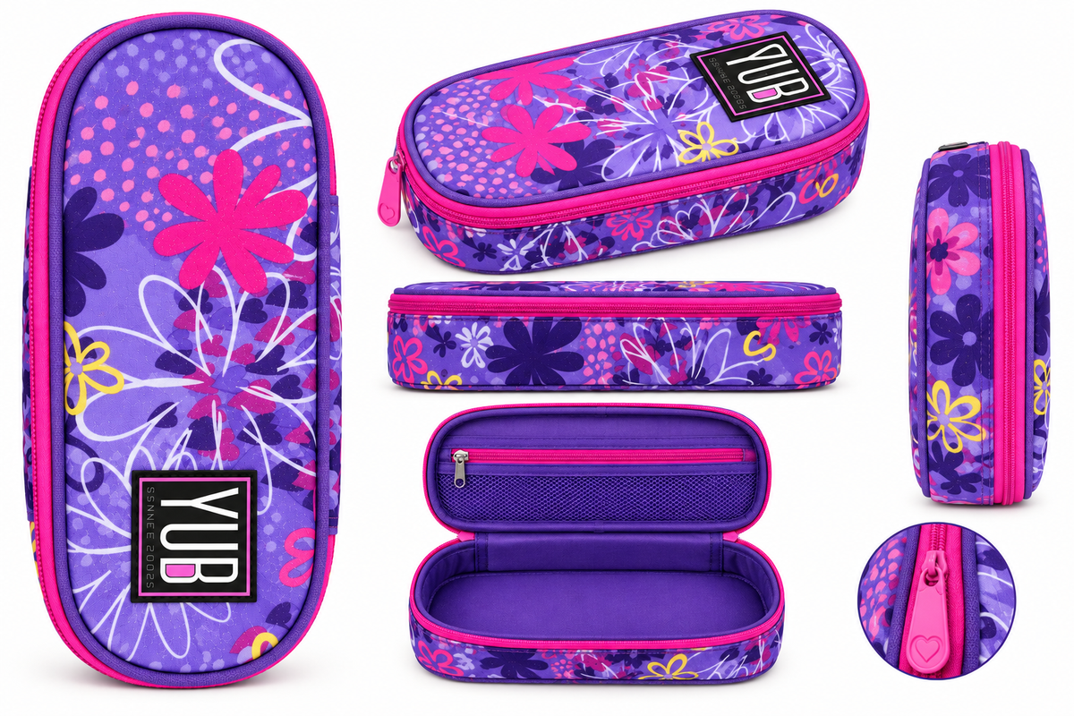 Astuccio YUB Scuola Floreale Viola e Rosa, Astuccio Portapenne con Cerniera, Portamatite e Portapastelli, Astuccio Scolastico per Penne Matite Pennarelli e Colori, Organizer Cancelleria Bambini e Ragazzi