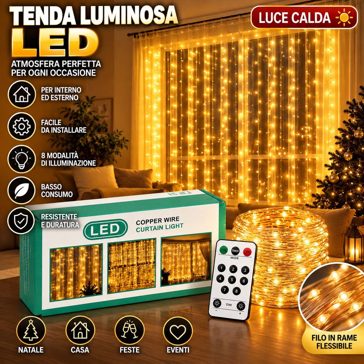 3 Pezzi di Tenda Luminosa LED 3×3 metri – Luce Calda / Luce Fredda
