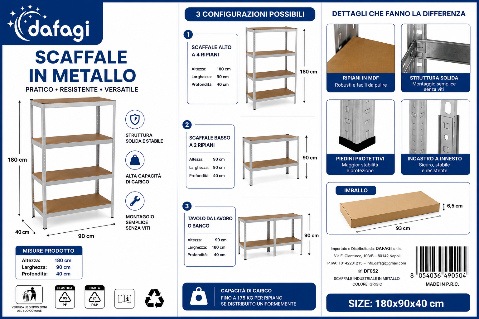 SCAFFALE IN METALLO 180x90x40 CM OLTRE 80KG PER RIPIANO 🚚 2