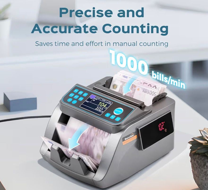 Conta Banconote Professionale, Conteggio del Valore per Denominazioni Miste in EUR, Macchina Conta Soldi con Rivelazione di Falsi UV/MG/IR/MT/DD, Contabanconote 1000 Banconote/Min (EU)
