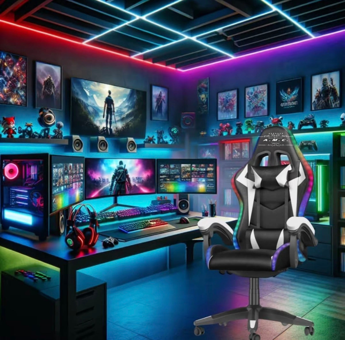 Sedia Gaming RGB LED con Telecomando, Poltrona da Gaming Ergonomica per PC e Console, Altezza Regolabile, Cuscini Lombare e Cervicale, Braccioli, Base Girevole 360°, USB 6