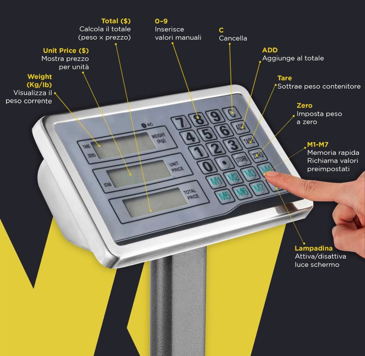 Bilancia Elettronica Richiudibile 300kg con Prezzo, Peso e Funzione di Accumulo