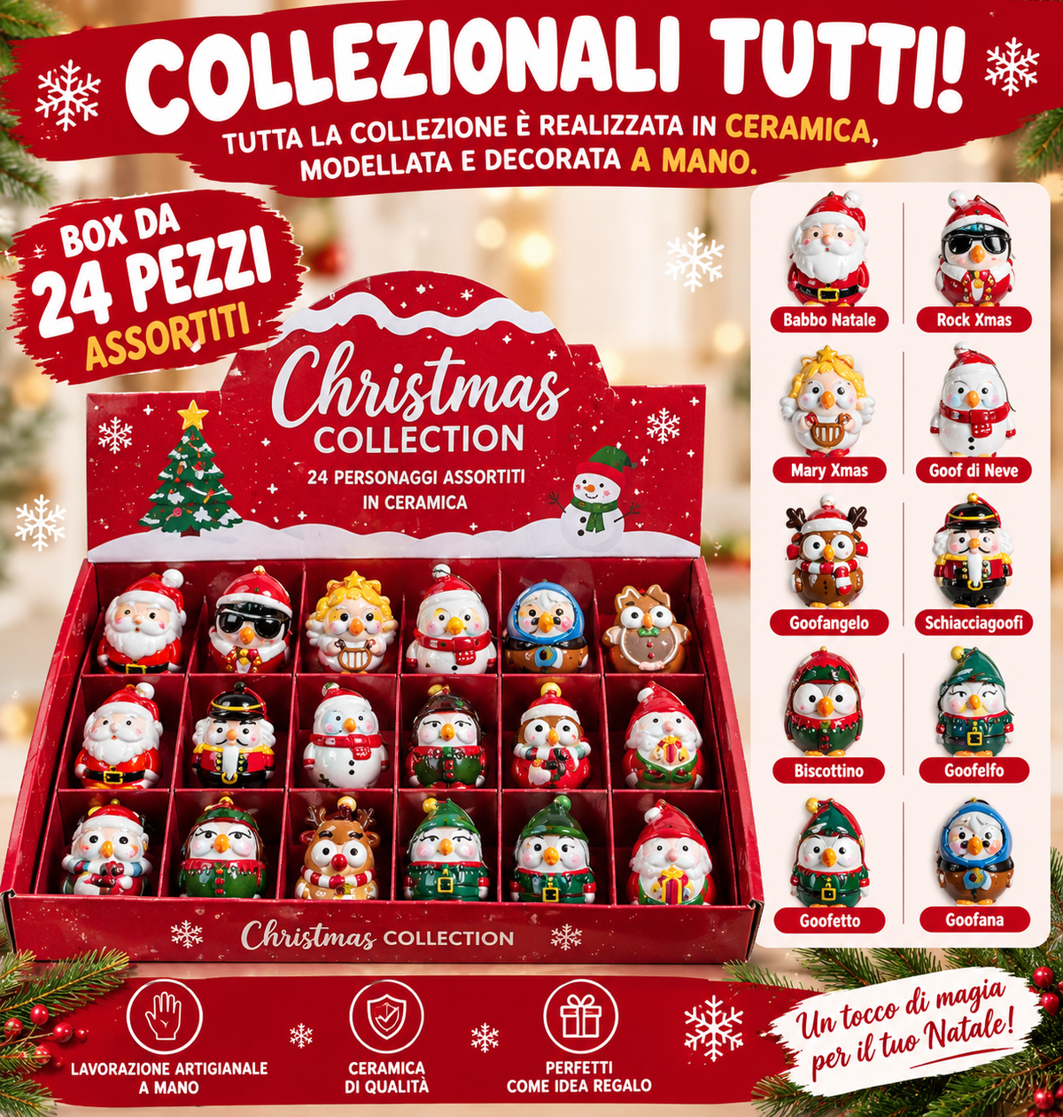 Collezione Decorazioni Natalizie in Ceramica – 24 Pezzi Assortiti, Personaggi Natalizi da Appendere, Modellati e Decorati a Mano, Addobbi per Albero di Natale e Casa