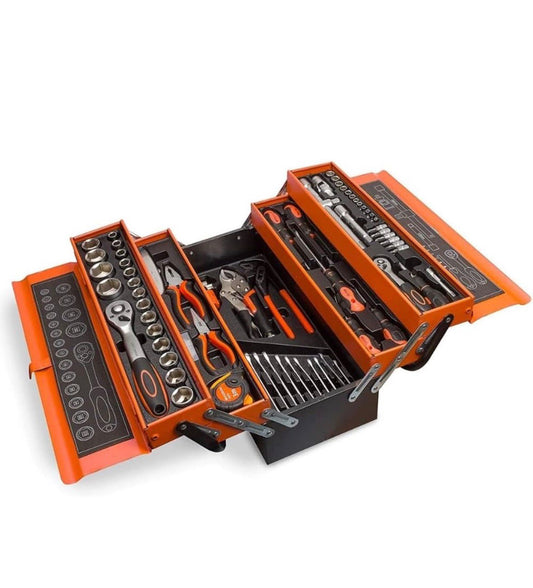 A.M.C. Cassetta Attrezzi Chiavi Completa con 85 Pezzi in Metallo Cassetta Porta Utensili Organizer per Attrezzi Resistente Pieghevole con Occhiello per Lucchetto per Fai da Te Meccanico Elettricista