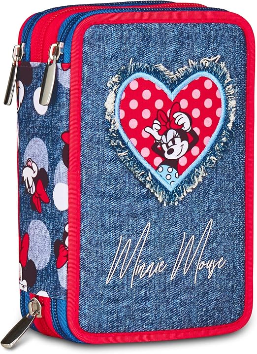 Seven Minnie Astuccio Scuola 3 Zip, Blu Denim, Portapenne Triplo Scomparto Completo Di Penne, Matite, Colori, Scuole Elementari, Bambina 1