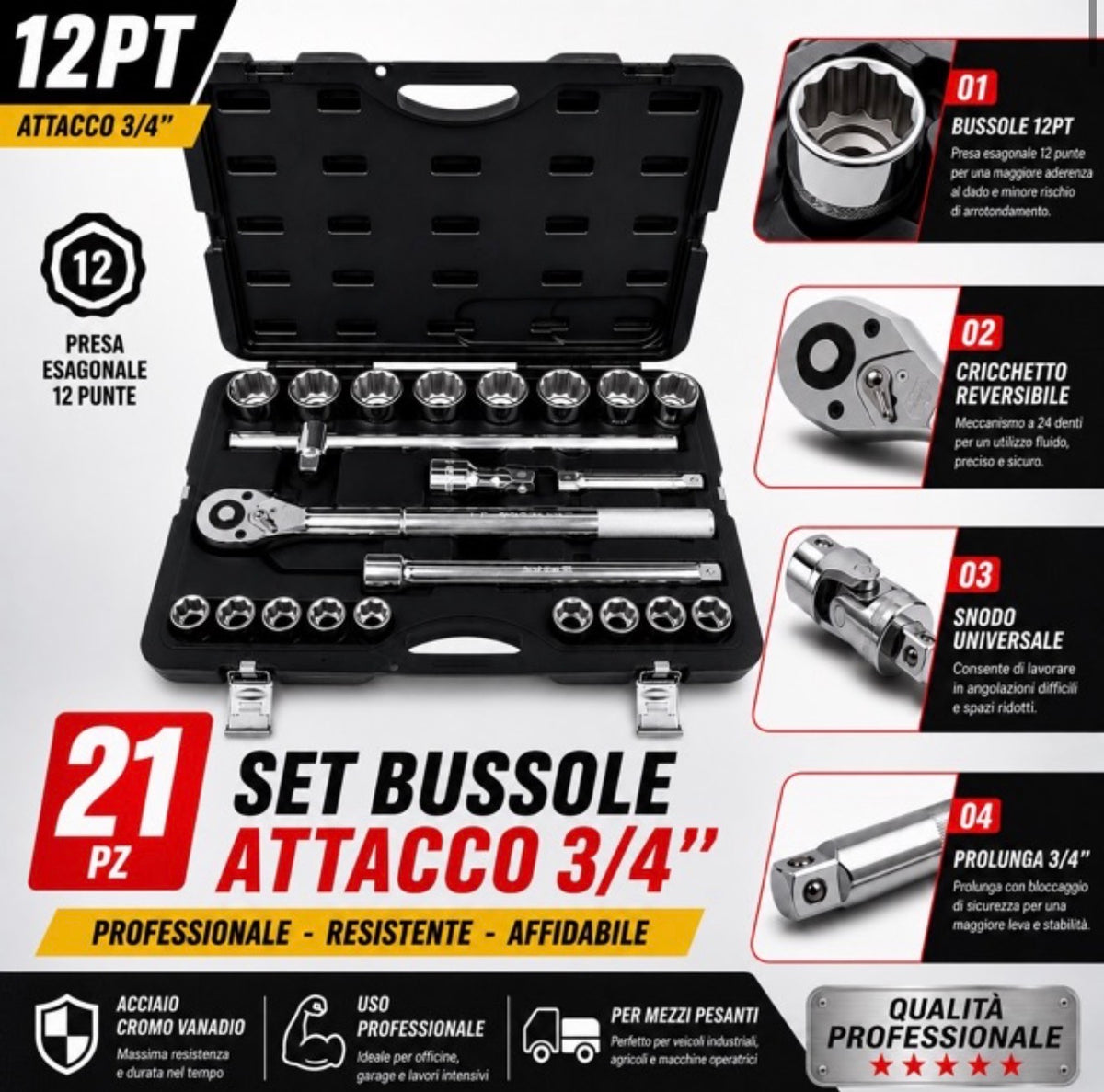 Set Bussole 21 Pezzi 3/4 12 Punte Professionale, Chiavi a Bussola in Acciaio 2