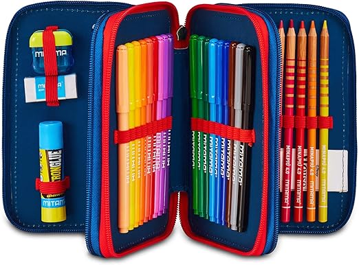 Seven Minnie Astuccio Scuola 3 Zip, Blu Denim, Portapenne Triplo Scomparto Completo Di Penne, Matite, Colori, Scuole Elementari, Bambina 3