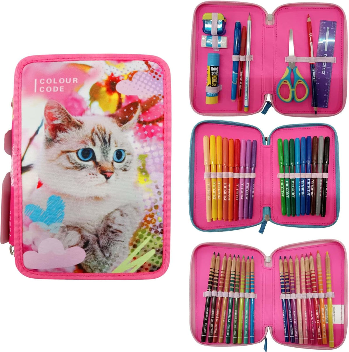 Seven Astuccio Colour Code, Portapenne 3 Zip con Set Completo di Cancelleria, Motivi Animali 2