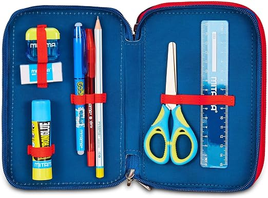 Seven Minnie Astuccio Scuola 3 Zip, Blu Denim, Portapenne Triplo Scomparto Completo Di Penne, Matite, Colori, Scuole Elementari, Bambina 4