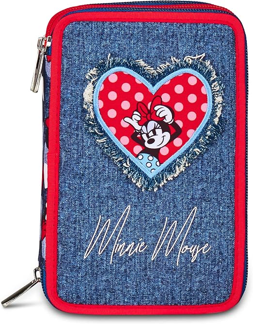Seven Minnie Astuccio Scuola 3 Zip, Blu Denim, Portapenne Triplo Scomparto Completo Di Penne, Matite, Colori, Scuole Elementari, Bambina 6