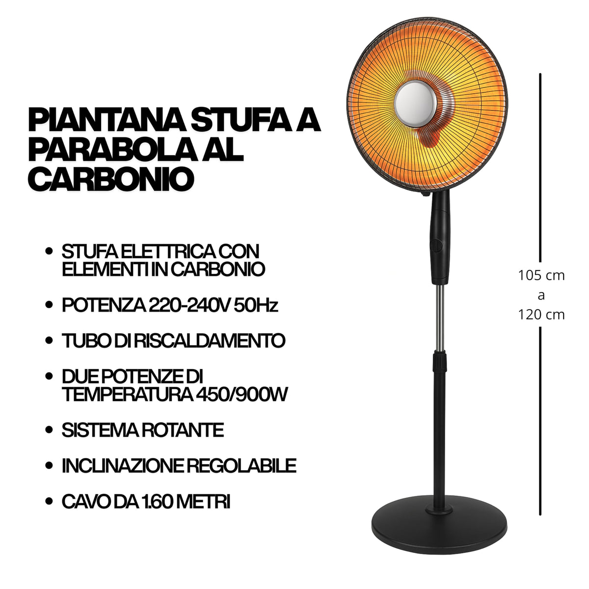 Stufa a Piantana Infrarossi al Carbonio 900W | Altezza Regolabile 105-120 cm, Oscillazione e Inclinazione Regolabile | 2 Livelli di Potenza 450/900W, Timer.. 5