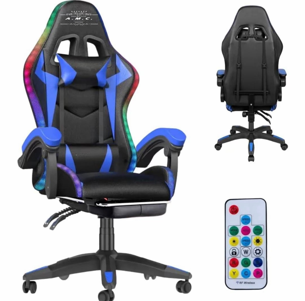 Sedia Gaming RGB LED con Telecomando, Poltrona da Gaming Ergonomica per PC e Console, Altezza Regolabile, Cuscini Lombare e Cervicale, Braccioli, Base Girevole 360°, USB 3