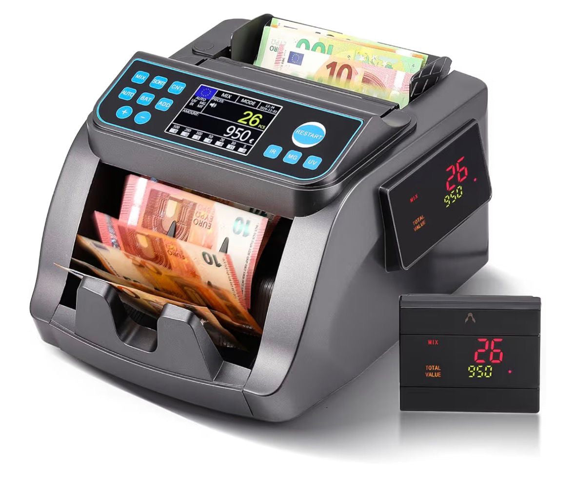 Conta Banconote Professionale, Conteggio del Valore per Denominazioni Miste in EUR, Macchina Conta Soldi con Rivelazione di Falsi UV/MG/IR/MT/DD, Contabanconote 1000 Banconote/Min (EU) 4