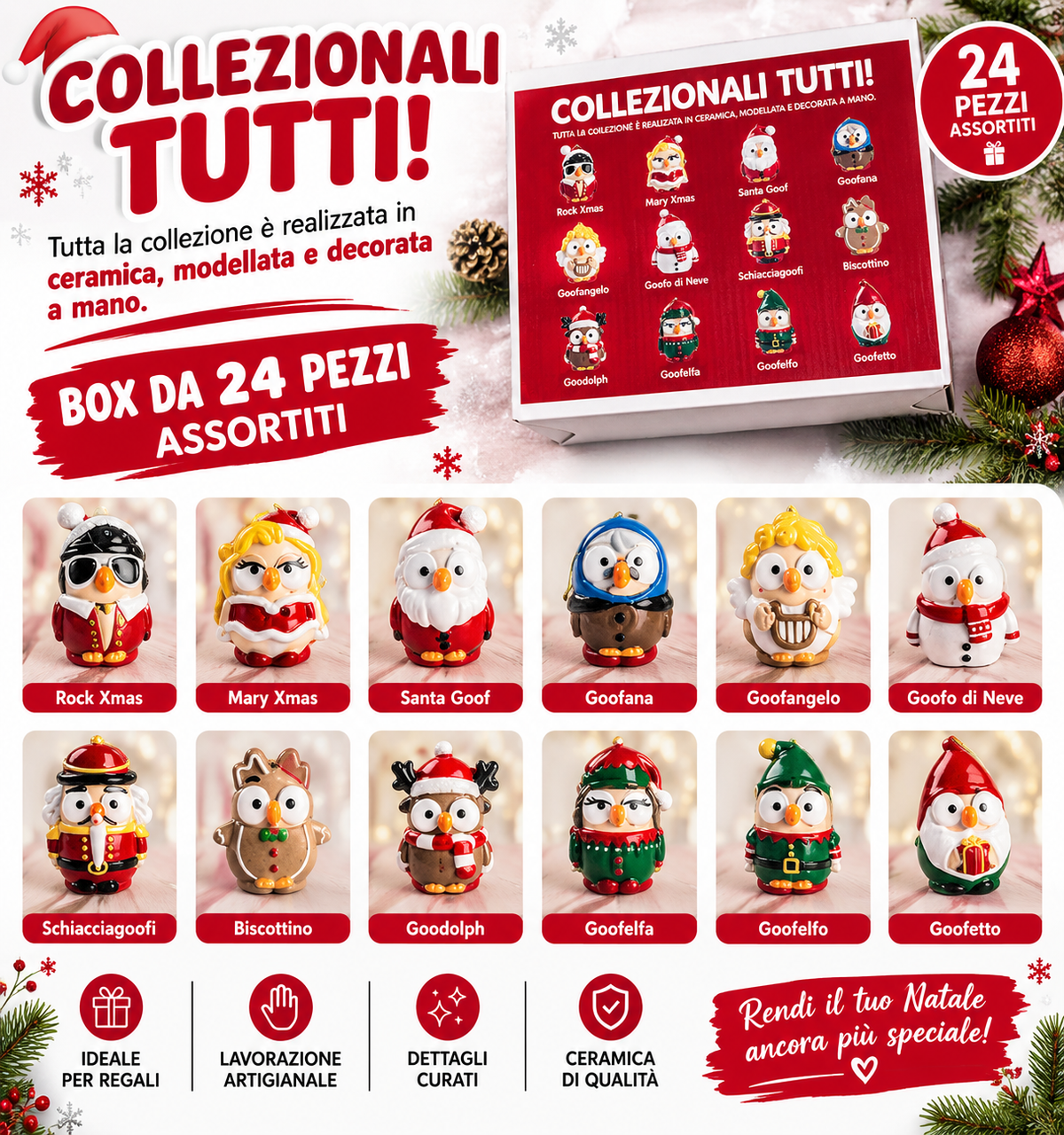 Collezione Decorazioni Natalizie in Ceramica – 24 Pezzi Assortiti, Personaggi Natalizi da Appendere, Modellati e Decorati a Mano, Addobbi per Albero di Natale e Casa 3