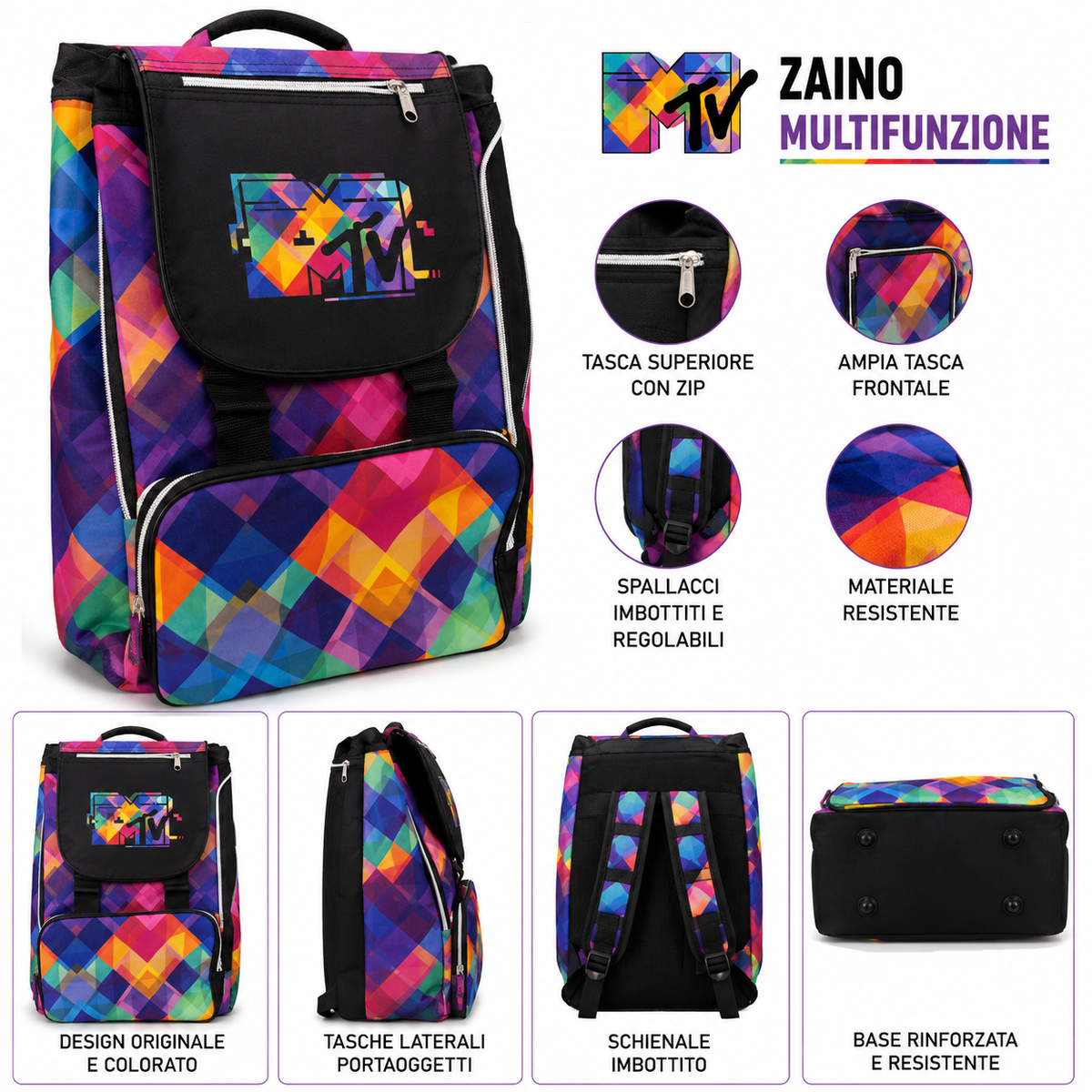 Zaino MTV Multicolore Uomo Donna – Zaino Casual e Tempo Libero con Tasche Frontali e Laterali, Chiusure con Cerniera e Spallacci Regolabili Imbottiti
