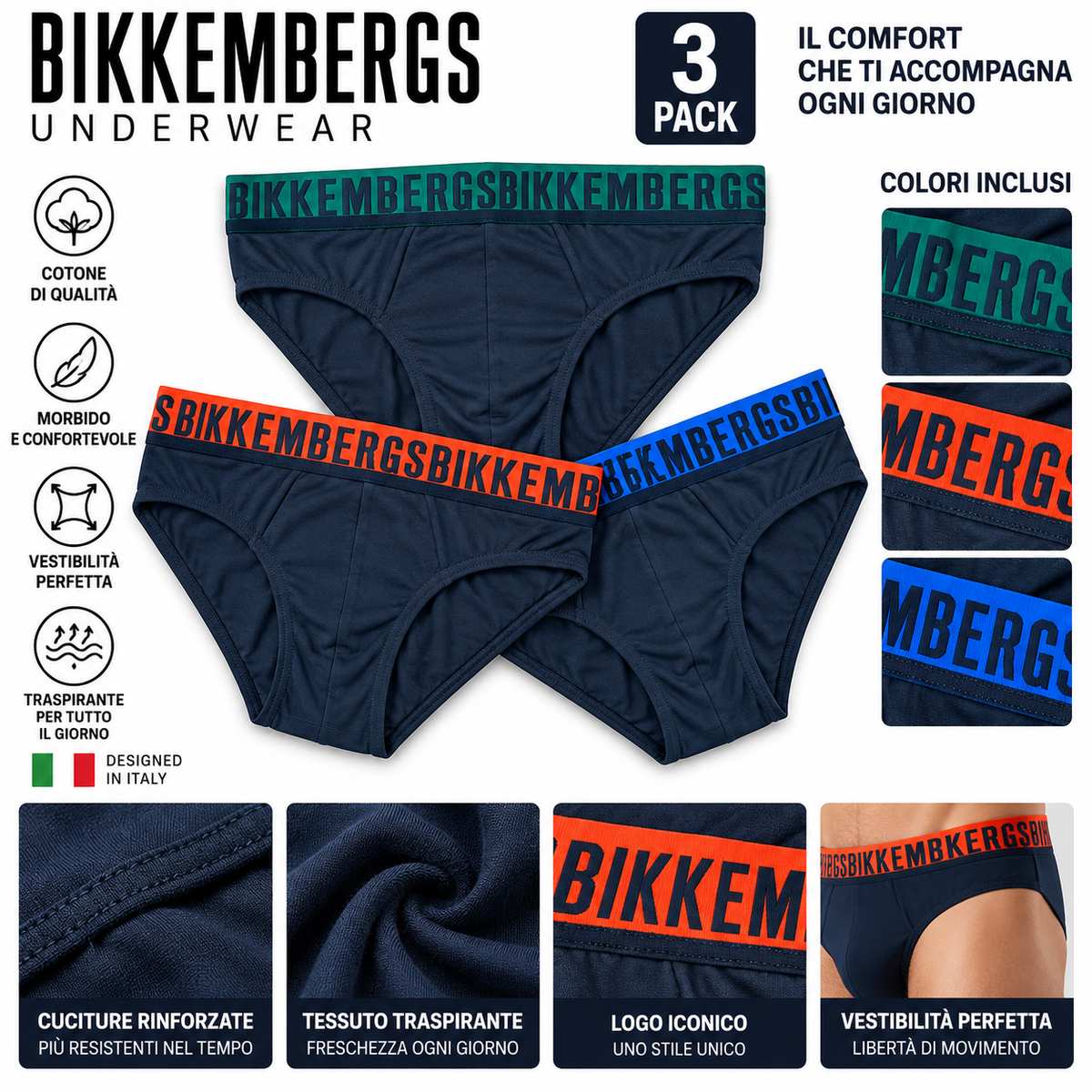 Bikkembergs Uomo Slip 3 Pack – Intimo Maschile in Cotone, 3 Slip con Elastico Logato, Comfort e Vestibilità, Taglie S-XXL 21024T 3