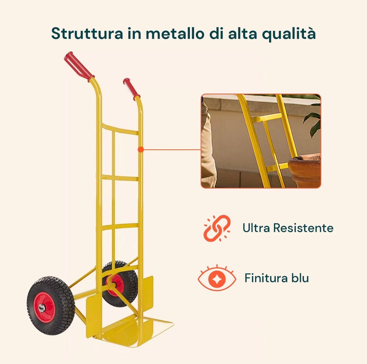 Carrello Portapacchi 200 kg – Carrello Trasporto Pieghevole a 2 Ruote, in Metallo, con Manico Ergonomico e Ruote Pneumatiche, per Giardino, Traslochi, Magazzino e Lavori Edili 4