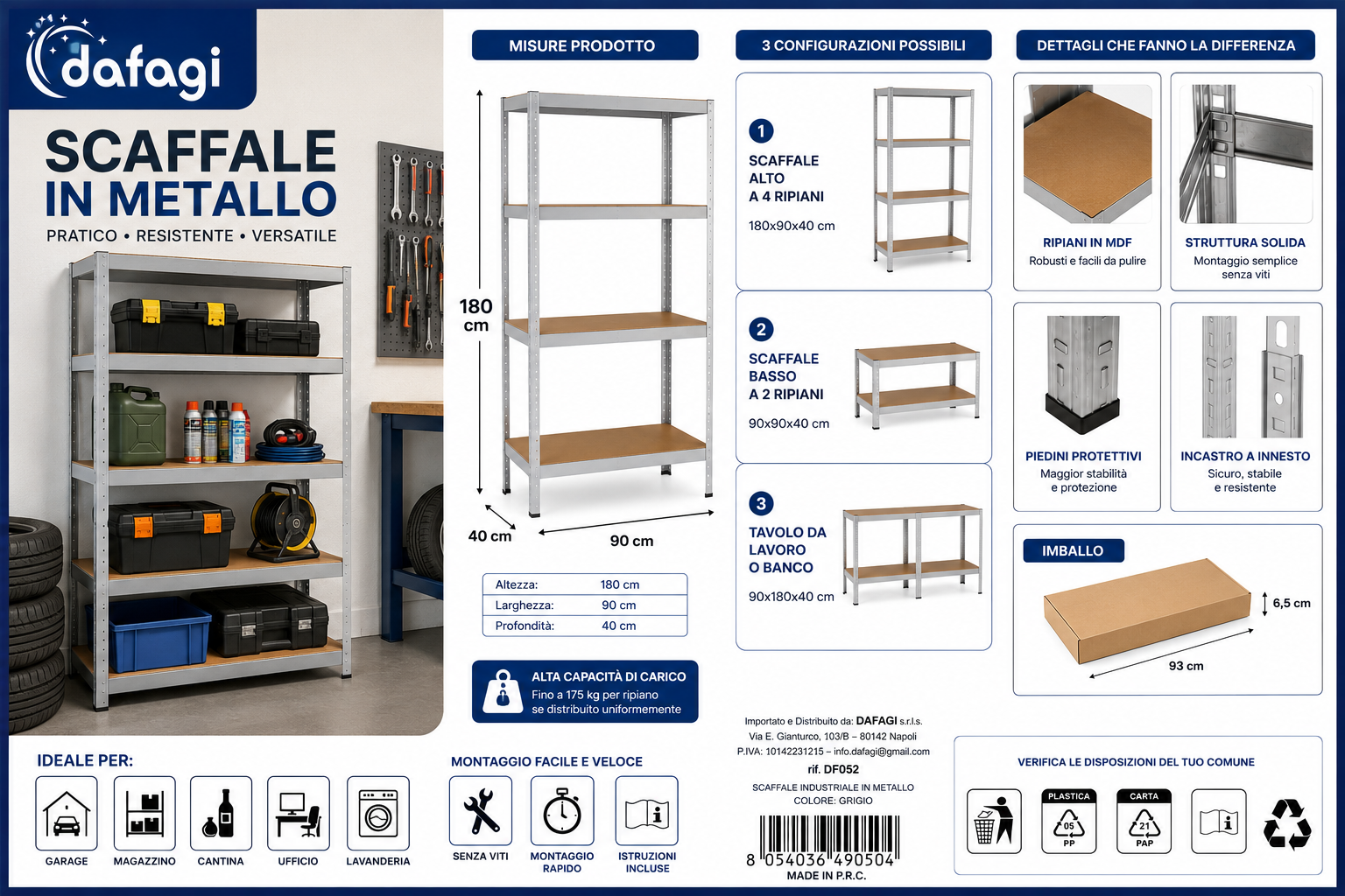 SCAFFALE IN METALLO 180x90x40 CM OLTRE 80KG PER RIPIANO 🚚 5