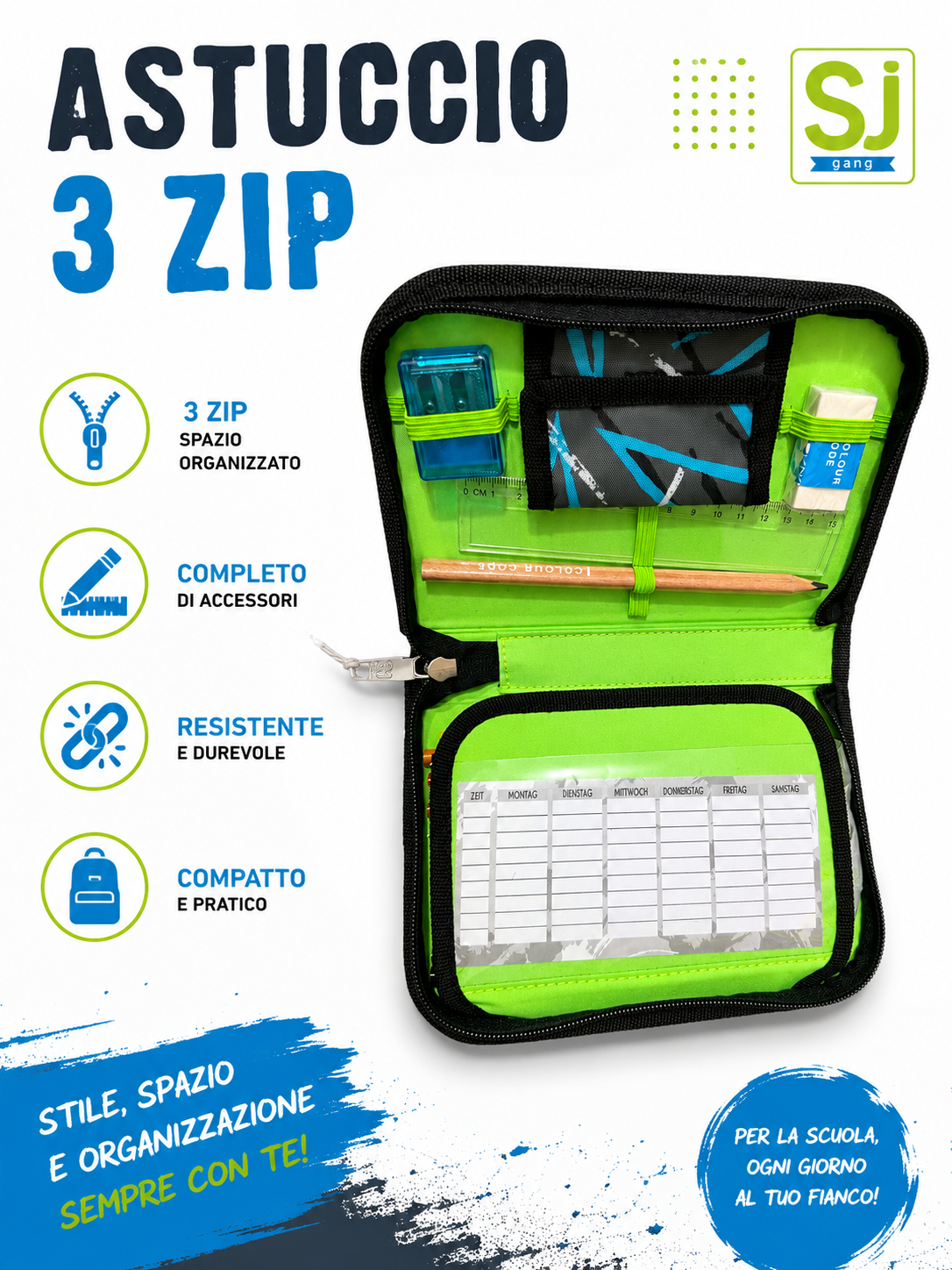 SJ Gang Astuccio 3 Zip Completo – Portapenne Scuola con Matite Colorate, Matita, Gomma, Temperino e Righello – Astuccio Organizzato per Scuola Elementare e Media 2