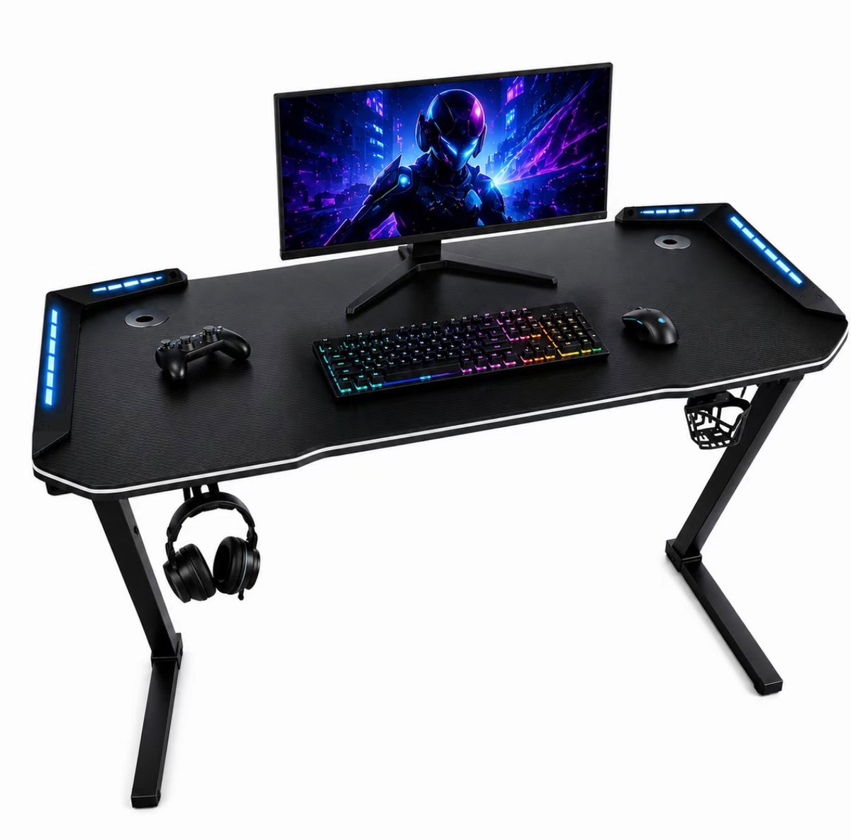 Scrivania Gaming 120x60 cm con Luci LED RGB, Tavolo da Gaming per PC e Console, Struttura in Acciaio, Portacuffie e Portabicchieri, 2 Passacavi, Capacità di Carico 100 kg 6