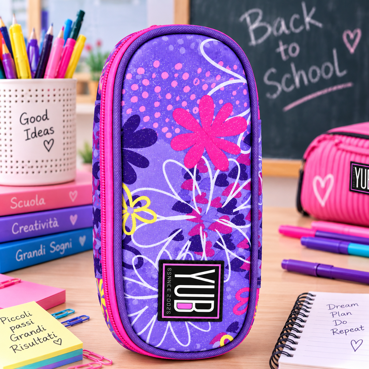 Astuccio YUB Scuola Floreale Viola e Rosa, Astuccio Portapenne con Cerniera, Portamatite e Portapastelli, Astuccio Scolastico per Penne Matite Pennarelli e Colori, Organizer Cancelleria Bambini e Ragazzi