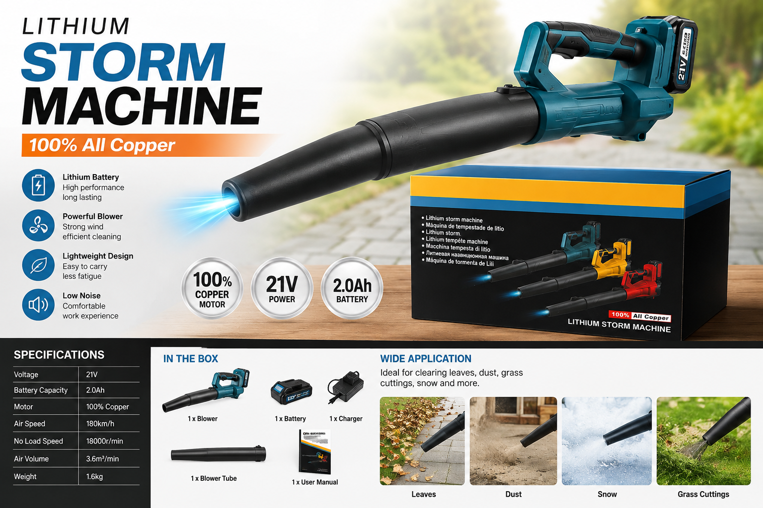 Soffiatore a Batteria 21V, Soffiatore Elettrico Senza Fili con Batteria 2.0Ah e Caricatore, Motore 100% Rame, Soffiatore Foglie Portatile per Giardino, Auto, Garage, Polvere e Neve Leggera 1