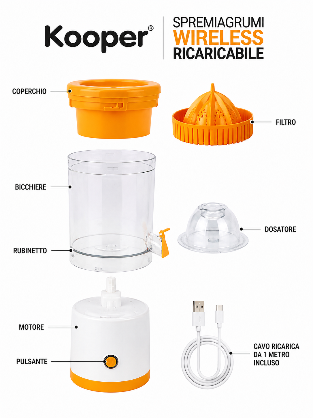 Kooper Spremiagrumi Elettrico Wireless Ricaricabile 45W, 600 ml, con Rubinetto Dosatore, Erogazione Diretta nel Bicchiere e Cavo USB Incluso