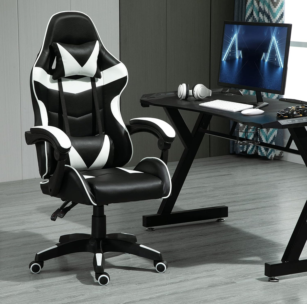 Gaming Ergonomica con Poggiapiedi Estraibile, Sedia da Gaming Reclinabile, Cuscino Cervicale e Supporto Lombare, Braccioli Imbottiti, Sedia da Ufficio per PC e Studio 7