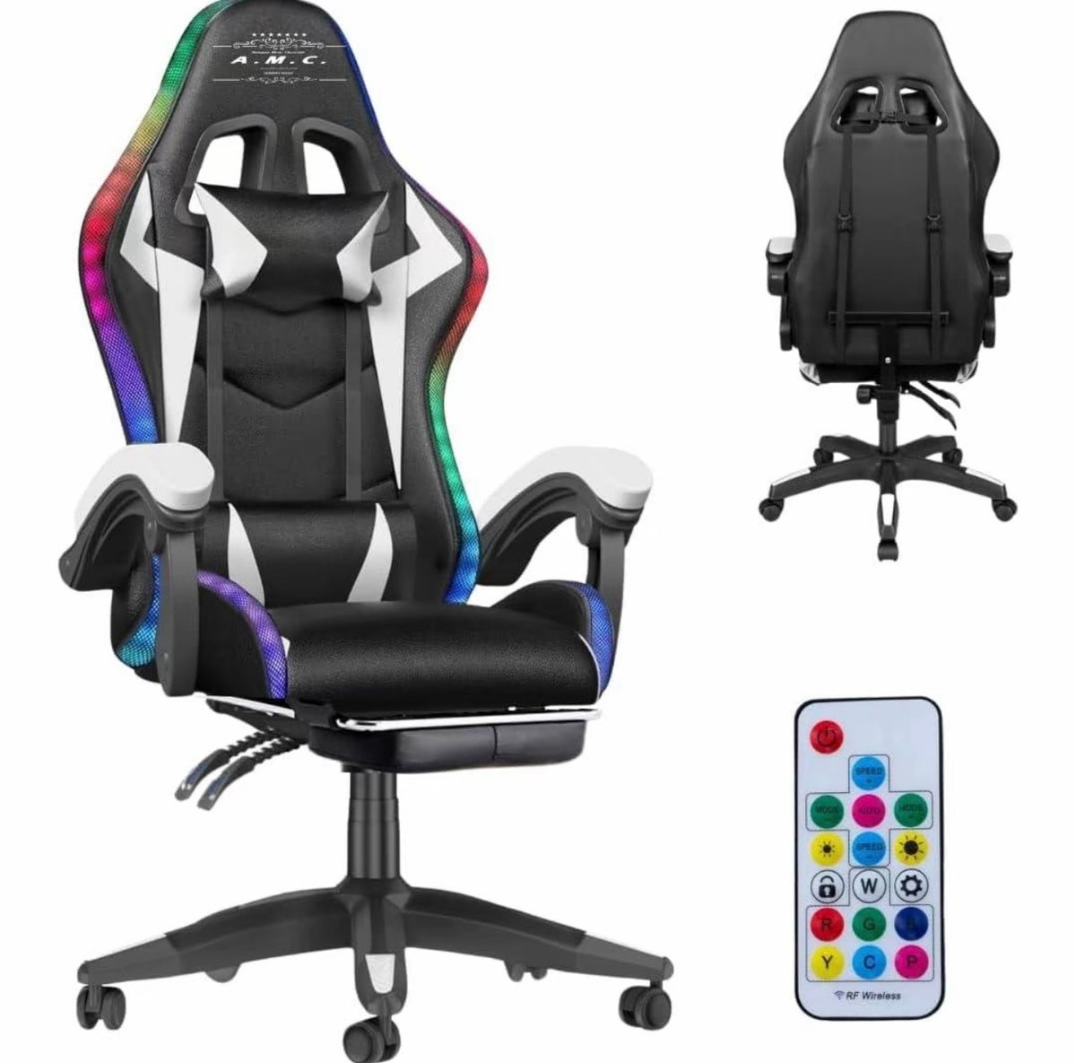 Sedia Gaming RGB LED con Telecomando, Poltrona da Gaming Ergonomica per PC e Console, Altezza Regolabile, Cuscini Lombare e Cervicale, Braccioli, Base Girevole 360°, USB 1