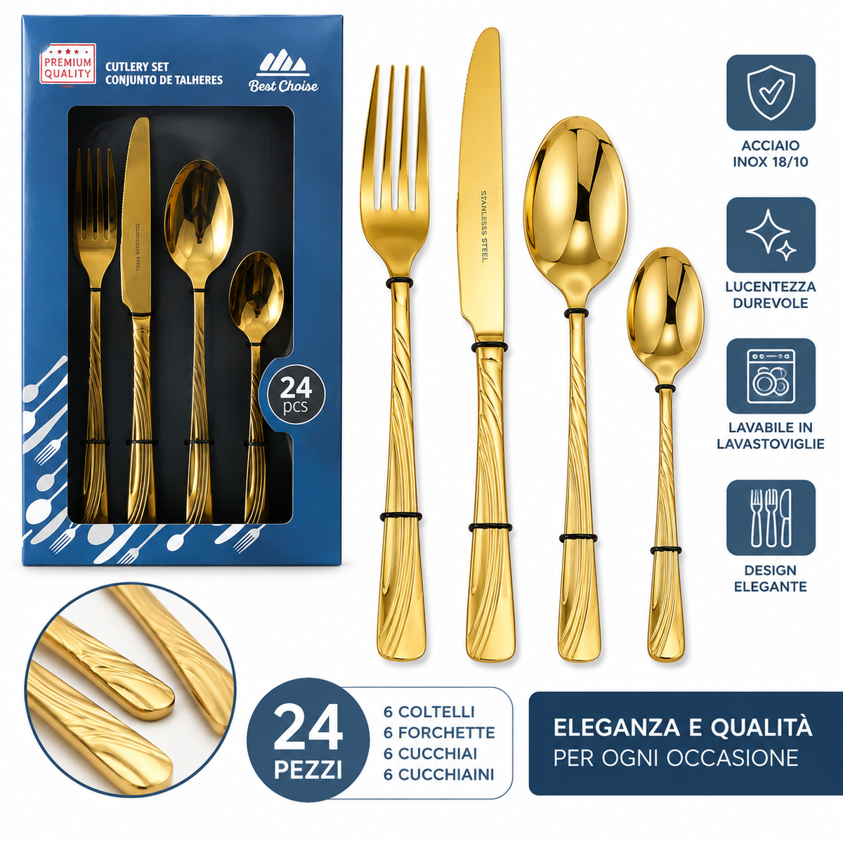 Servizio Posate 24 Pezzi in Acciaio Inox – Set Completo 6 Forchette, 6 Coltelli, 6 Cucchiai e 6 Cucchiaini, Finitura Dorata Elegante, Design con Manico Decorato 4