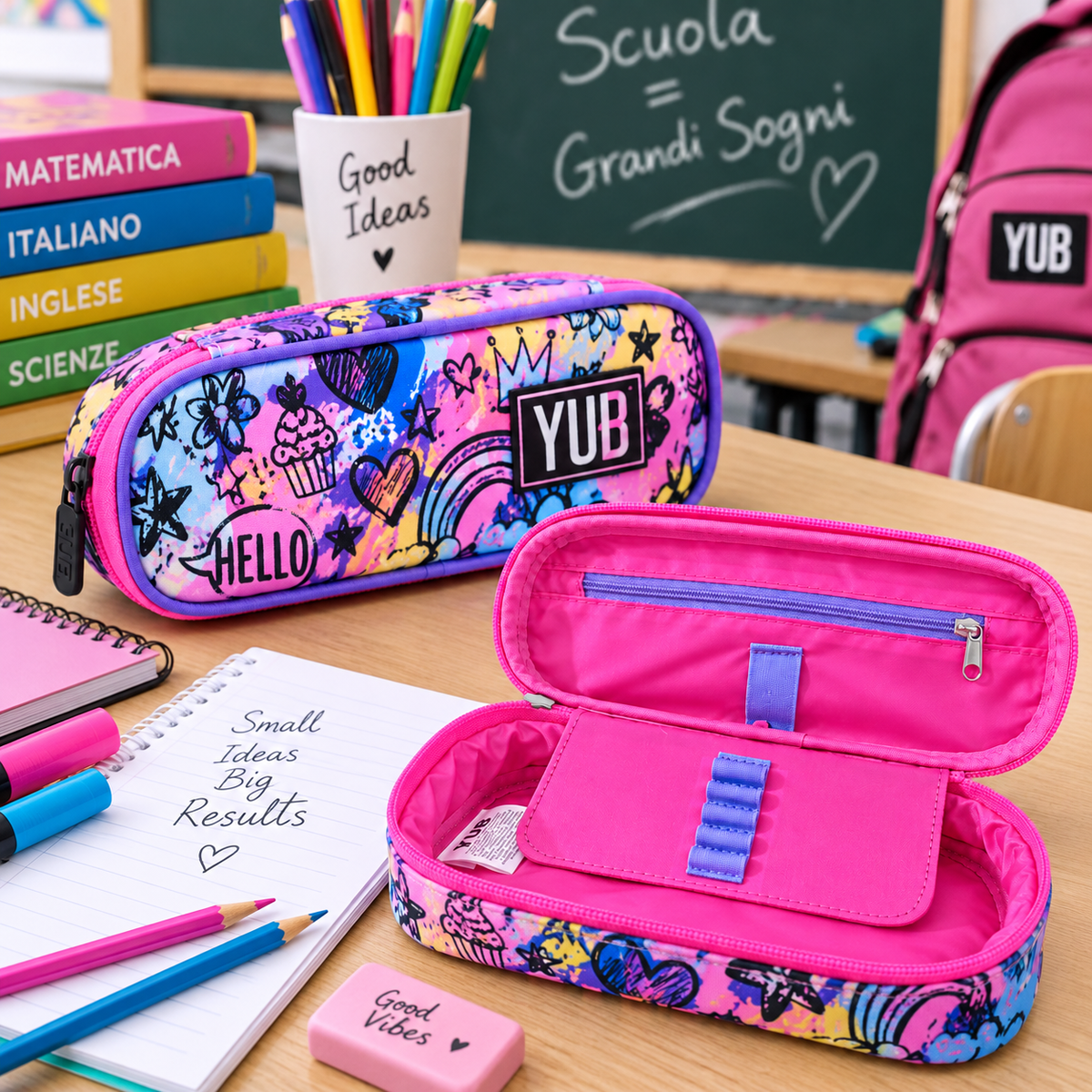 YUB Astuccio Portapastelli Scuola, Astuccio Portapenne Multiscomparto con Cerniera, Fantasia Colorata, Organizer per Matite, Penne e Colori, Astuccio Scolastico per Bambini e Ragazzi