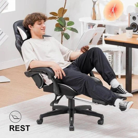 Gaming Ergonomica con Poggiapiedi Estraibile, Sedia da Gaming Reclinabile, Cuscino Cervicale e Supporto Lombare, Braccioli Imbottiti, Sedia da Ufficio per PC e Studio 8