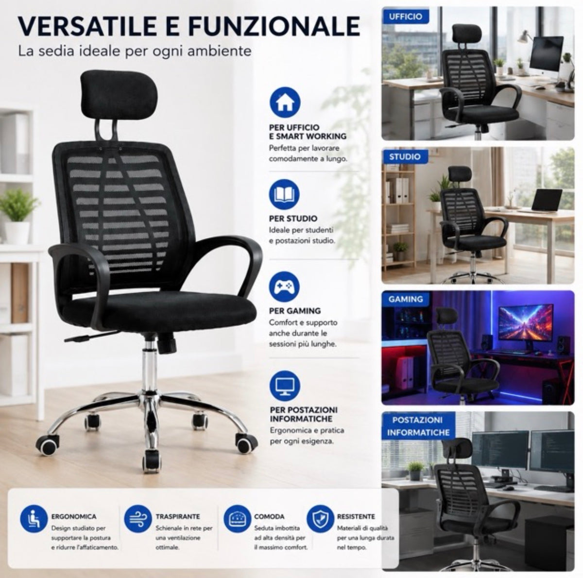 Sedia da Ufficio Ergonomica con Poggiatesta Regolabile Seduta Imbottita Poltrona 9